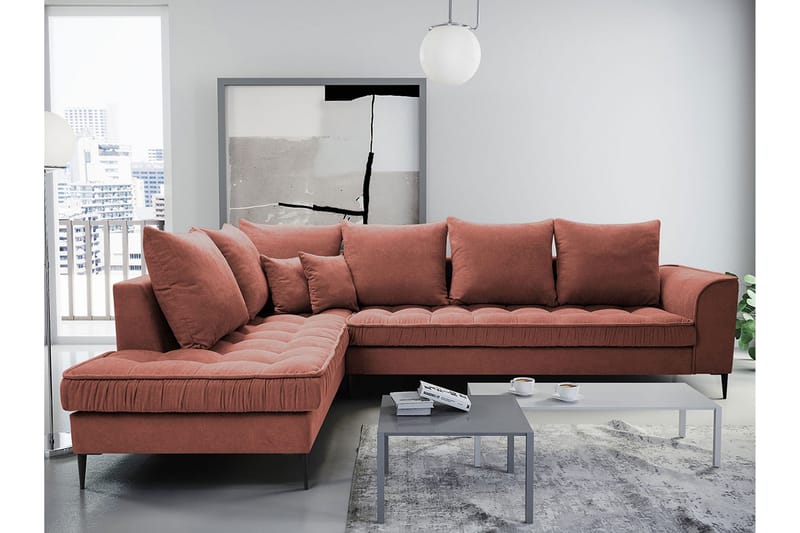 Lenara 3-personers hjørnesofa - Lyserød - Sofa med chaiselong - Velour sofaer - 3 personers sofa med chaiselong