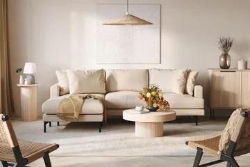 Menard 3-personers Venstrevendt Dyb L-formet Divansofa i Manchester - Beige - Møbler - Sofaer - Sofa med chaiselong - 3 personers sofa med chaiselong