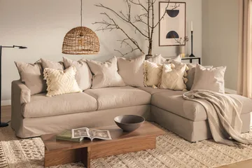 Menard 4-personers Højrevendt Dyb L-formet Chaiselongsofa i Stof - Beige - Møbler - Sofaer - Sofa med chaiselong