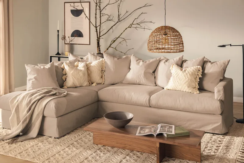 Menard 4-personers Venstrevendt Dyb L-formet Chaiselongsofa i Stof - Beige - Møbler - Sofaer - Sofa med chaiselong