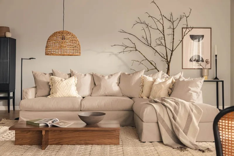 Menard 4-personers Højrevendt Dyb L-formet Chaiselongsofa i Stof - Beige - Møbler - Sofaer - Sofa med chaiselong