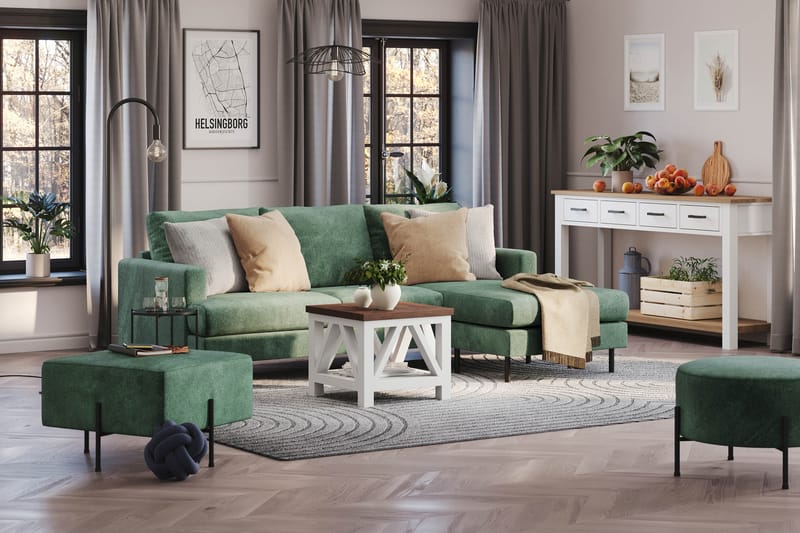 Menard Compact 3-personers Højrevendt L-formet Divansofa i Fløjl - Mørkegrøn - Møbler - Sofaer - Sofa med chaiselong