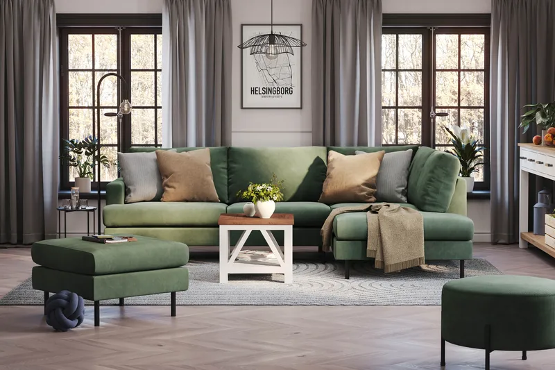 Menard Compact 4-personers Højrevendt L-formet Chaiselongsofa i Manchester - Grøn - Møbler - Sofaer - Sofa med chaiselong