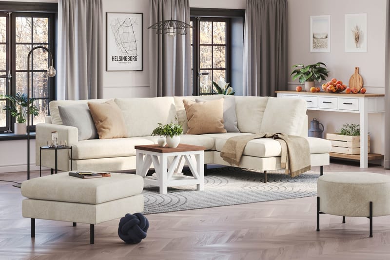 Menard Compact 4-personers Højrevendt L-formet Chaiselongsofa i Fløjl - Cremehvid - Møbler - Sofaer - Sofa med chaiselong