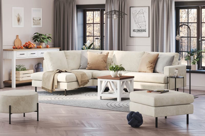 Menard Compact 4-personers Venstrevendt L-formet Chaiselongsofa i Fløjl - Cremehvid - Møbler - Sofaer - Sofa med chaiselong