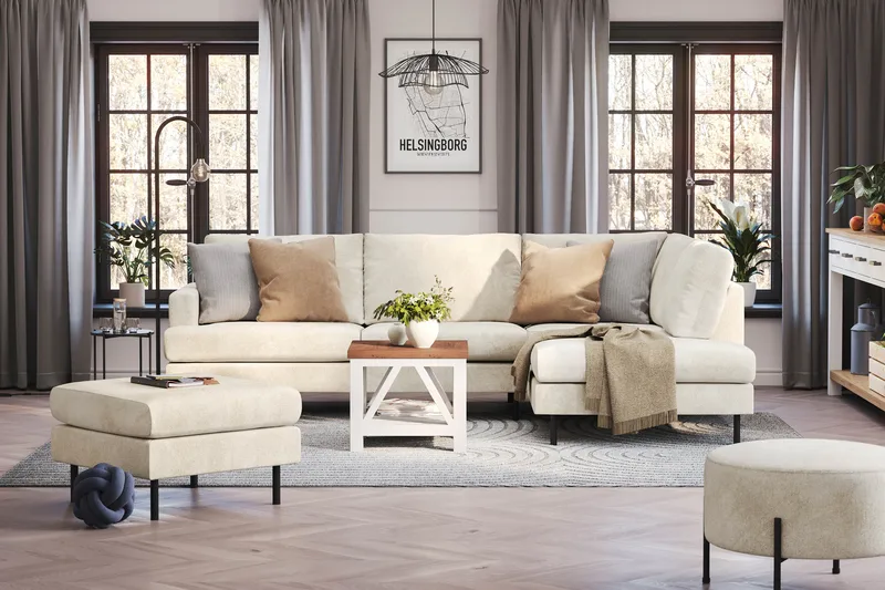 Menard Compact 4-personers Højrevendt L-formet Chaiselongsofa i Fløjl - Cremehvid - Møbler - Sofaer - Sofa med chaiselong