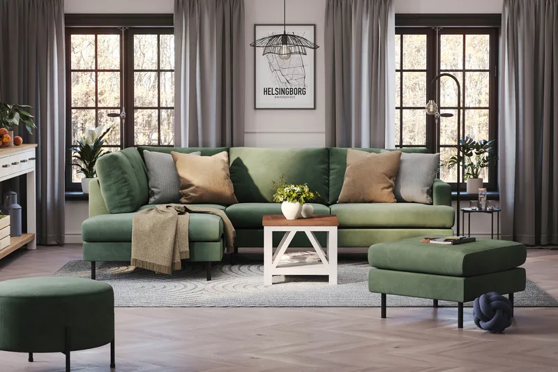 Menard Compact 4-personers Venstrevendt L-formet Chaiselongsofa i Manchester - Grøn - Møbler - Sofaer - Sofa med chaiselong