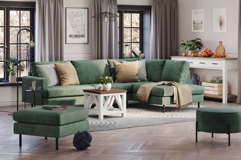 Menard Compact 4-personers Højrevendt L-formet Chaiselongsofa i Fløjl - Mørkegrøn - Møbler - Sofaer - Sofa med chaiselong