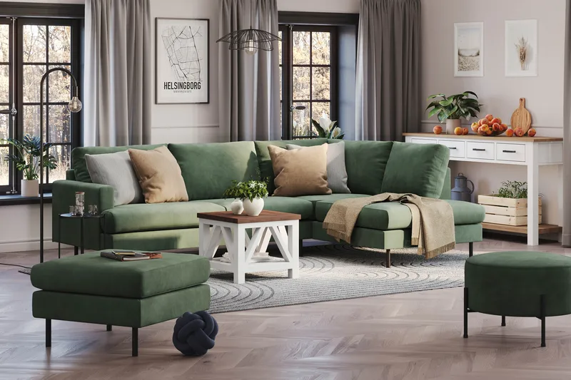 Menard Compact 4-personers Højrevendt L-formet Chaiselongsofa i Manchester - Grøn - Møbler - Sofaer - Sofa med chaiselong