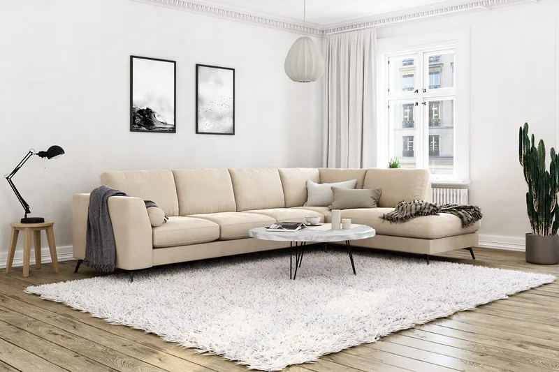Ocean Lyx 4-personers Højrevendt L-formet Chaiselongsofa i Fløjl - Beige - Møbler - Sofaer - Sofa med chaiselong - 4 personers sofa med chaiselong