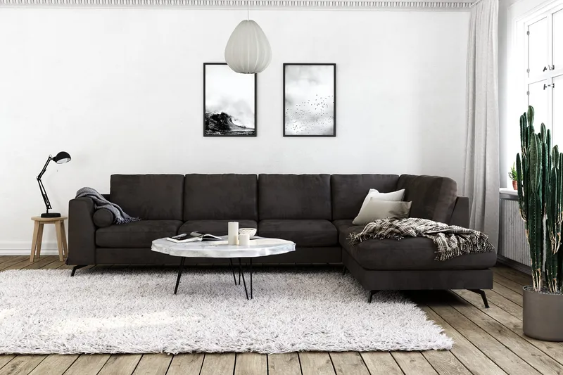Ocean Lyx 5-personers Højrevendt L-formet Chaiselongsofa i Fløjl - Mørkegrå - Møbler - Sofaer - Sofa med chaiselong - 4 personers sofa med chaiselong