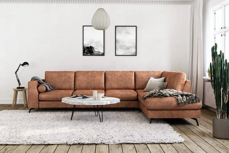 Ocean Lyx 5-personers Højrevendt L-formet Chaiselongsofa i Kunstlæder - Brun - Møbler - Sofaer - Sofa med chaiselong - 4 personers sofa med chaiselong