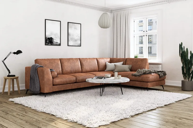Ocean Lyx 5-personers Højrevendt L-formet Chaiselongsofa i Kunstlæder - Brun - Møbler - Sofaer - Sofa med chaiselong - 4 personers sofa med chaiselong