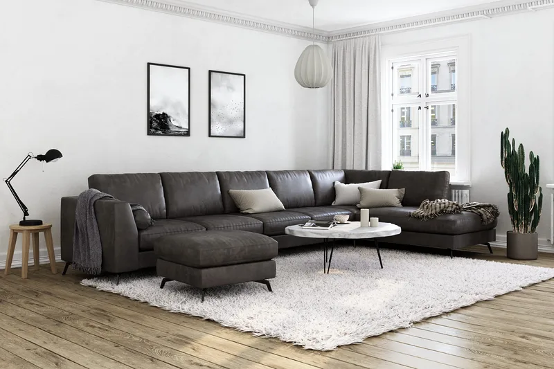 Ocean Lyx 6-personers Højrevendt U-formet Sofa med Divan og Chaiselong + Fodskammel i Kunstlæder - Mørkegrå - Møbler - Sofaer - U Sofa