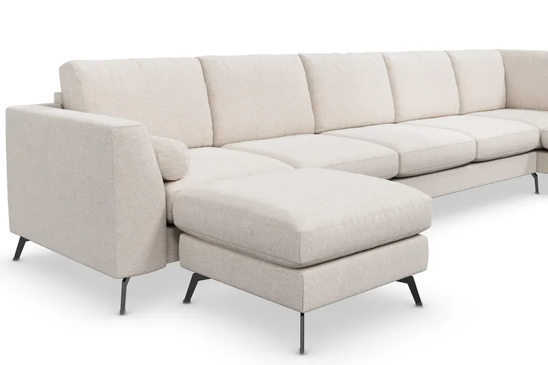 Ocean Lyx 6-personers Højrevendt U-formet Sofa med Divan og Chaiselong + Fodskammel i Stof - Beige - Møbler - Sofaer - U Sofa