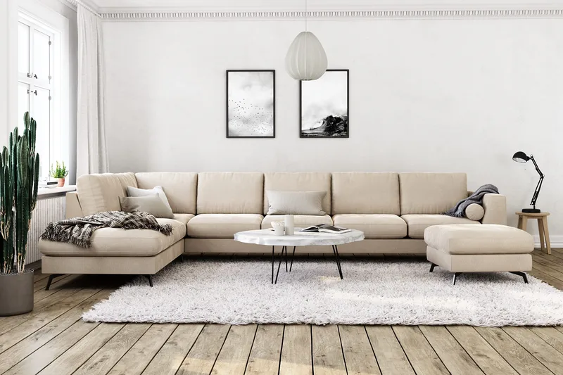 Ocean Lyx 6-personers Venstrevendt U-formet Sofa med Divan og Chaiselong + Fodskammel i Fløjl - Beige - Møbler - Sofaer - Sofa med chaiselong