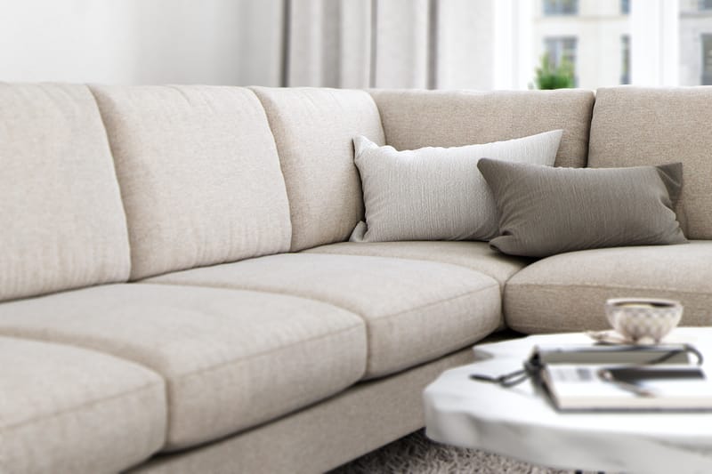 Ocean Lyx 6-personers Højrevendt U-formet Sofa med Divan og Chaiselong + Fodskammel i Stof - Beige - Møbler - Sofaer - Sofa med chaiselong