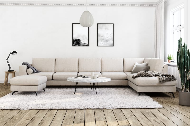 Ocean Lyx 6-personers Højrevendt U-formet Sofa med Divan og Chaiselong + Fodskammel i Stof - Beige - Møbler - Sofaer - Sofa med chaiselong