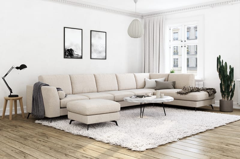 Ocean Lyx 6-personers Højrevendt U-formet Sofa med Divan og Chaiselong + Fodskammel i Stof - Beige - Møbler - Sofaer - Sofa med chaiselong
