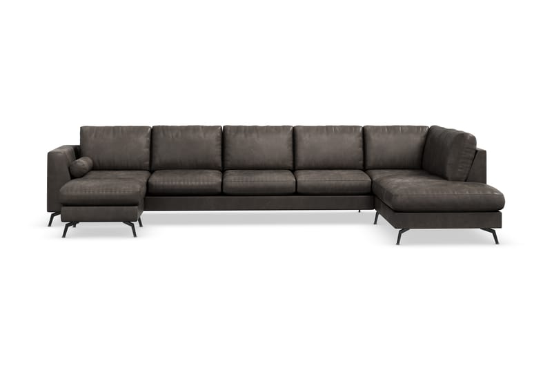 Ocean Lyx 6-personers Højrevendt U-formet Sofa med Divan og Chaiselong + Fodskammel i Kunstlæder - Mørkegrå - Møbler - Sofaer - Sofa med chaiselong