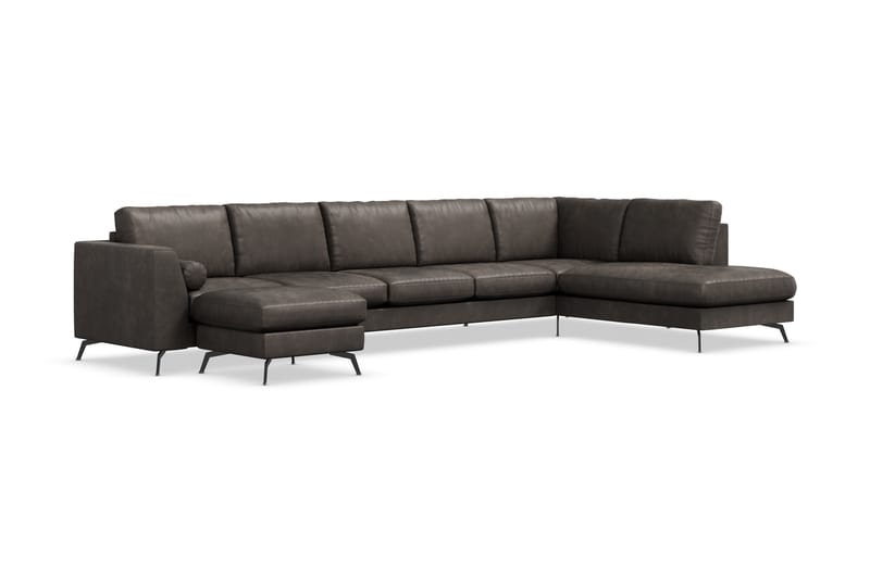 Ocean Lyx 6-personers Højrevendt U-formet Sofa med Divan og Chaiselong + Fodskammel i Kunstlæder - Mørkegrå - Møbler - Sofaer - Sofa med chaiselong