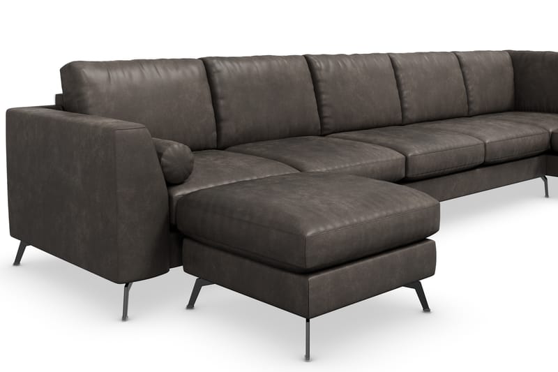 Ocean Lyx 6-personers Højrevendt U-formet Sofa med Divan og Chaiselong + Fodskammel i Kunstlæder - Mørkegrå - Møbler - Sofaer - Sofa med chaiselong