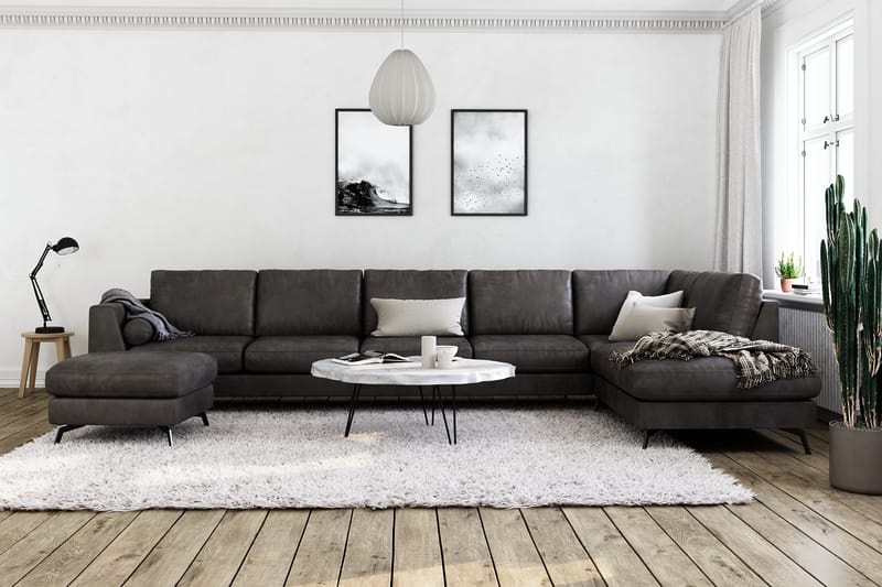 Ocean Lyx 6-personers Højrevendt U-formet Sofa med Divan og Chaiselong + Fodskammel i Kunstlæder - Mørkegrå - Møbler - Sofaer - Sofa med chaiselong