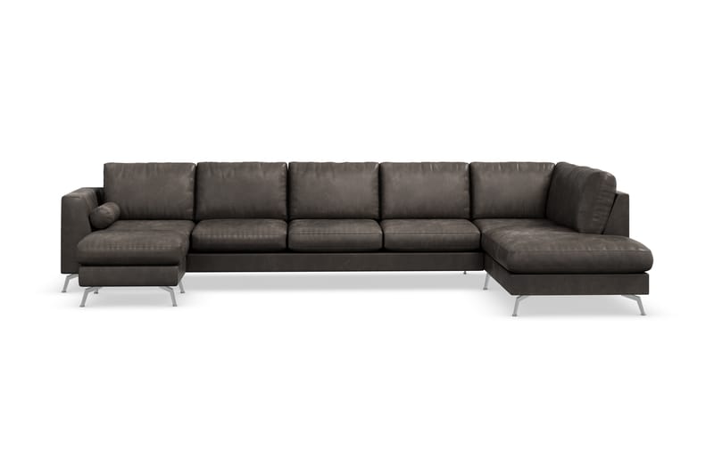 Ocean Lyx 6-personers Højrevendt U-formet Sofa med Divan og Chaiselong + Fodskammel i Kunstlæder - Mørkegrå - Møbler - Sofaer - Sofa med chaiselong