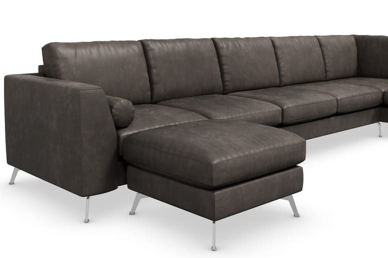Ocean Lyx 6-personers Højrevendt U-formet Sofa med Divan og Chaiselong + Fodskammel i Kunstlæder - Mørkegrå - Møbler - Sofaer - Sofa med chaiselong