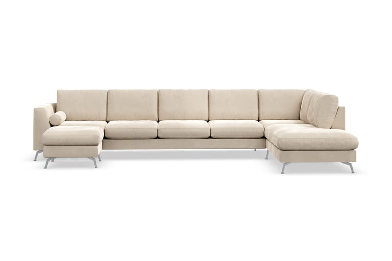 Ocean Lyx 6-personers Højrevendt U-formet Sofa med Divan og Chaiselong + Fodskammel i Fløjl - Beige - Møbler - Sofaer - Sofa med chaiselong