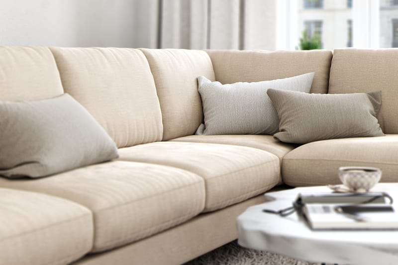 Ocean Lyx 6-personers Højrevendt U-formet Sofa med Divan og Chaiselong + Fodskammel i Fløjl - Beige - Møbler - Sofaer - Sofa med chaiselong