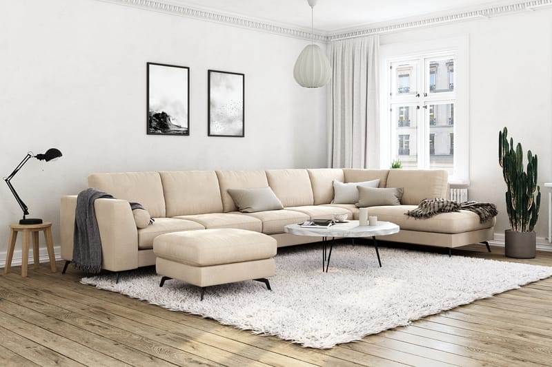 Ocean Lyx 6-personers Højrevendt U-formet Sofa med Divan og Chaiselong + Fodskammel i Fløjl - Beige - Møbler - Sofaer - Sofa med chaiselong