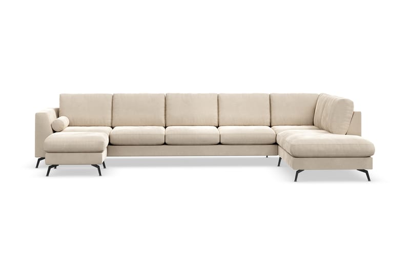 Ocean Lyx 6-personers Højrevendt U-formet Sofa med Divan og Chaiselong + Fodskammel i Fløjl - Beige - Møbler - Sofaer - Sofa med chaiselong