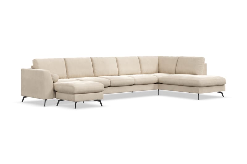 Ocean Lyx 6-personers Højrevendt U-formet Sofa med Divan og Chaiselong + Fodskammel i Fløjl - Beige - Møbler - Sofaer - Sofa med chaiselong