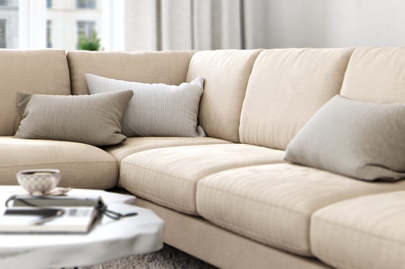 Ocean Lyx 6-personers Venstrevendt U-formet Sofa med Divan og Chaiselong + Fodskammel i Fløjl - Beige - Møbler - Sofaer - Sofa med chaiselong