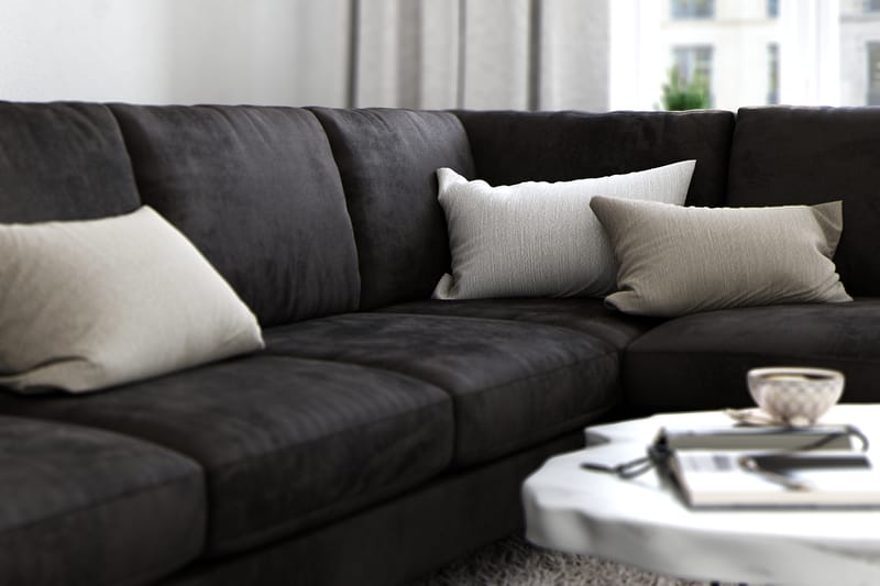 Ocean Lyx 6-personers Højrevendt U-formet Sofa med Divan og Chaiselong + Fodskammel i Fløjl - Mørkegrå - Møbler - Sofaer - Sofa med chaiselong