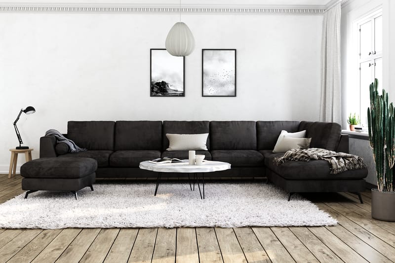 Ocean Lyx 6-personers Højrevendt U-formet Sofa med Divan og Chaiselong + Fodskammel i Fløjl - Mørkegrå - Møbler - Sofaer - Sofa med chaiselong