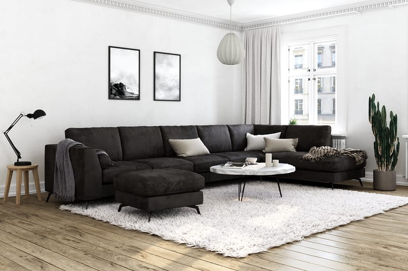Ocean Lyx 6-personers Højrevendt U-formet Sofa med Divan og Chaiselong + Fodskammel i Fløjl - Mørkegrå - Møbler - Sofaer - Sofa med chaiselong