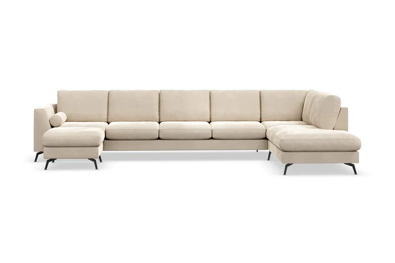 Ocean Lyx 6-personers Højrevendt U-formet Sofa med Divan og Chaiselong + Fodskammel i Fløjl - Beige - Møbler - Sofaer - U Sofa