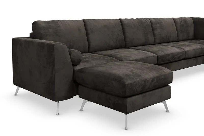 Ocean Lyx 6-personers Højrevendt U-formet Sofa med Divan og Chaiselong + Fodskammel i Fløjl - Mørkegrå - Møbler - Sofaer - U Sofa