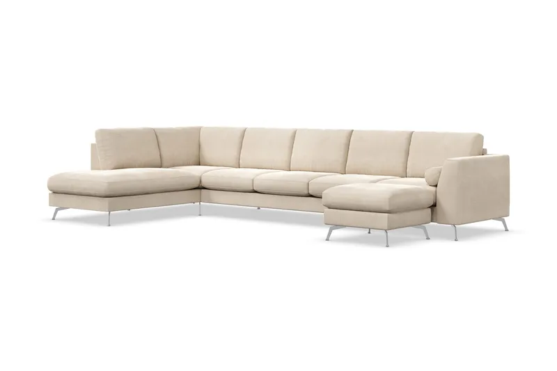 Ocean Lyx 6-personers Venstrevendt U-formet Sofa med Divan og Chaiselong + Fodskammel i Fløjl - Beige - Møbler - Sofaer - Sofa med chaiselong