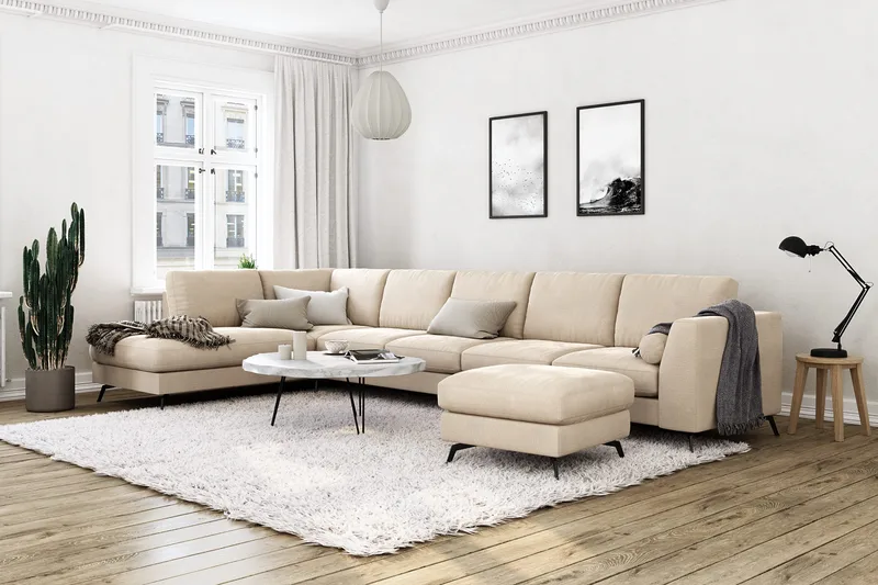 Ocean Lyx 6-personers Venstrevendt U-formet Sofa med Divan og Chaiselong + Fodskammel i Fløjl - Beige - Møbler - Sofaer - Sofa med chaiselong