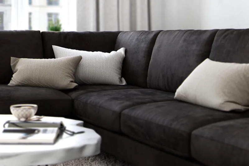 Ocean Lyx 6-personers Venstrevendt U-formet Sofa med Divan og Chaiselong + Fodskammel i Fløjl - Mørkegrå - Møbler - Sofaer - Sofa med chaiselong