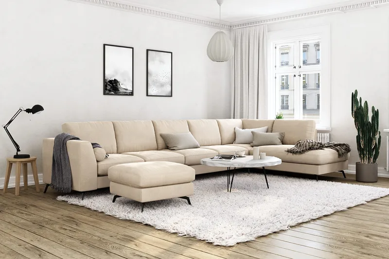 Ocean Lyx 6-personers Højrevendt U-formet Sofa med Divan og Chaiselong + Fodskammel i Fløjl - Beige - Møbler - Sofaer - U Sofa