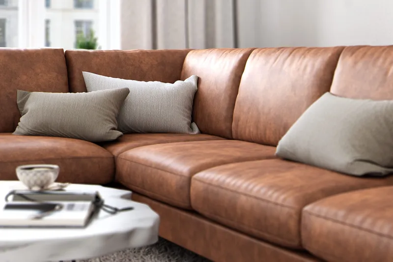 Ocean Lyx 6-personers Venstrevendt U-formet Sofa med Divan og Chaiselong + Fodskammel i Kunstlæder - Brun - Møbler - Sofaer - Sofa med chaiselong