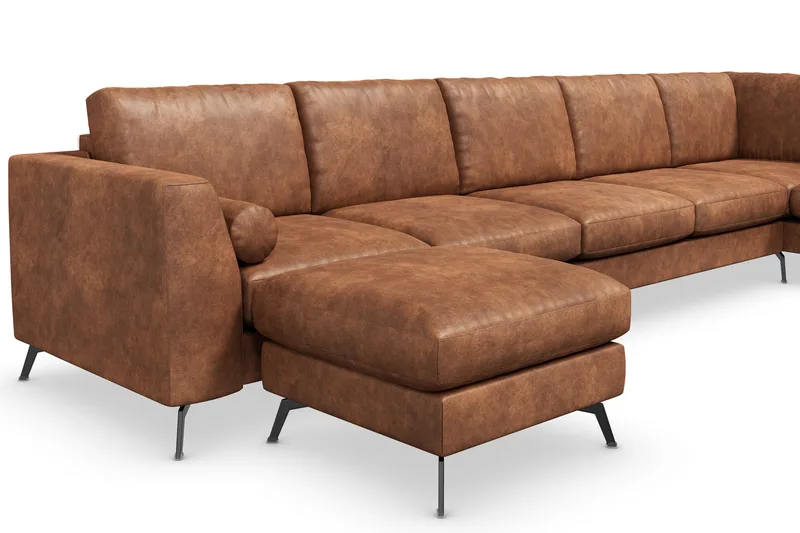 Ocean Lyx 6-personers Højrevendt U-formet Sofa med Divan og Chaiselong + Fodskammel i Kunstlæder - Brun - Møbler - Sofaer - U Sofa