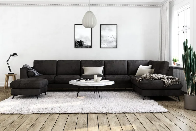 Ocean Lyx 6-personers Højrevendt U-formet Sofa med Divan og Chaiselong + Fodskammel i Fløjl - Mørkegrå - Møbler - Sofaer - U Sofa