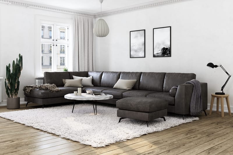 Ocean Lyx 6-personers Venstrevendt U-formet Sofa med Divan og Chaiselong + Fodskammel i Kunstlæder - Mørkegrå - Møbler - Sofaer - Sofa med chaiselong