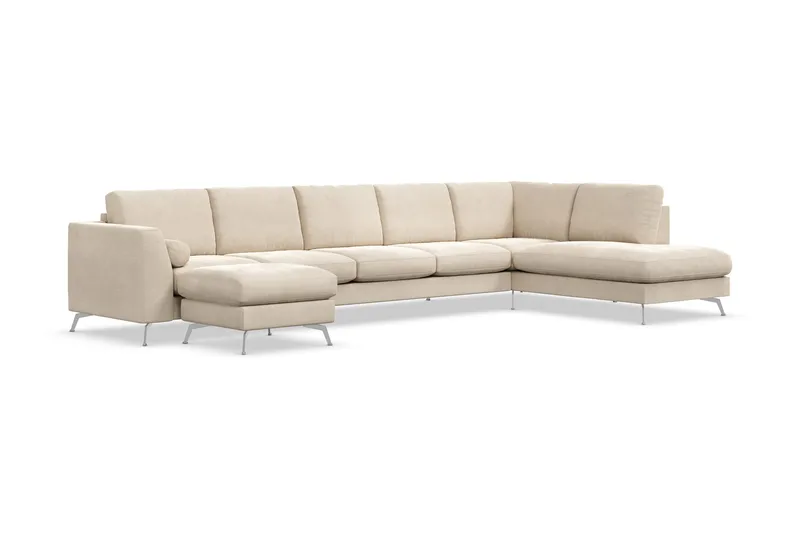 Ocean Lyx 6-personers Højrevendt U-formet Sofa med Divan og Chaiselong + Fodskammel i Fløjl - Beige - Møbler - Sofaer - U Sofa
