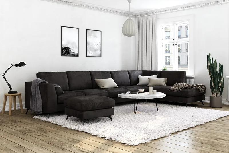 Ocean Lyx 6-personers Højrevendt U-formet Sofa med Divan og Chaiselong + Fodskammel i Fløjl - Mørkegrå - Møbler - Sofaer - U Sofa